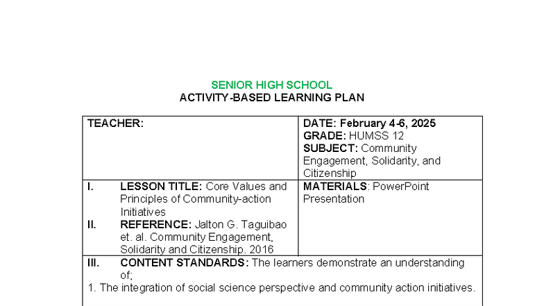 CESC 12 Lesson Plan: Core Values in Community Engagement - Studocu