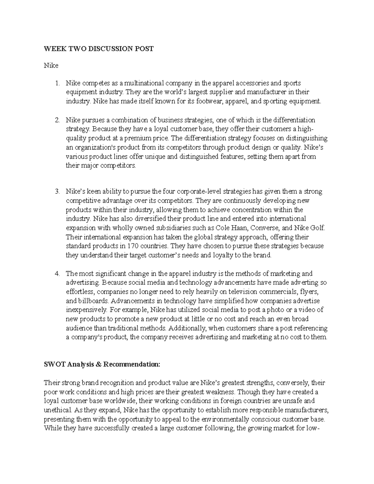 MGT 526 - Week 2 Discussion Post on Nike's Competitive Strategies - Studocu