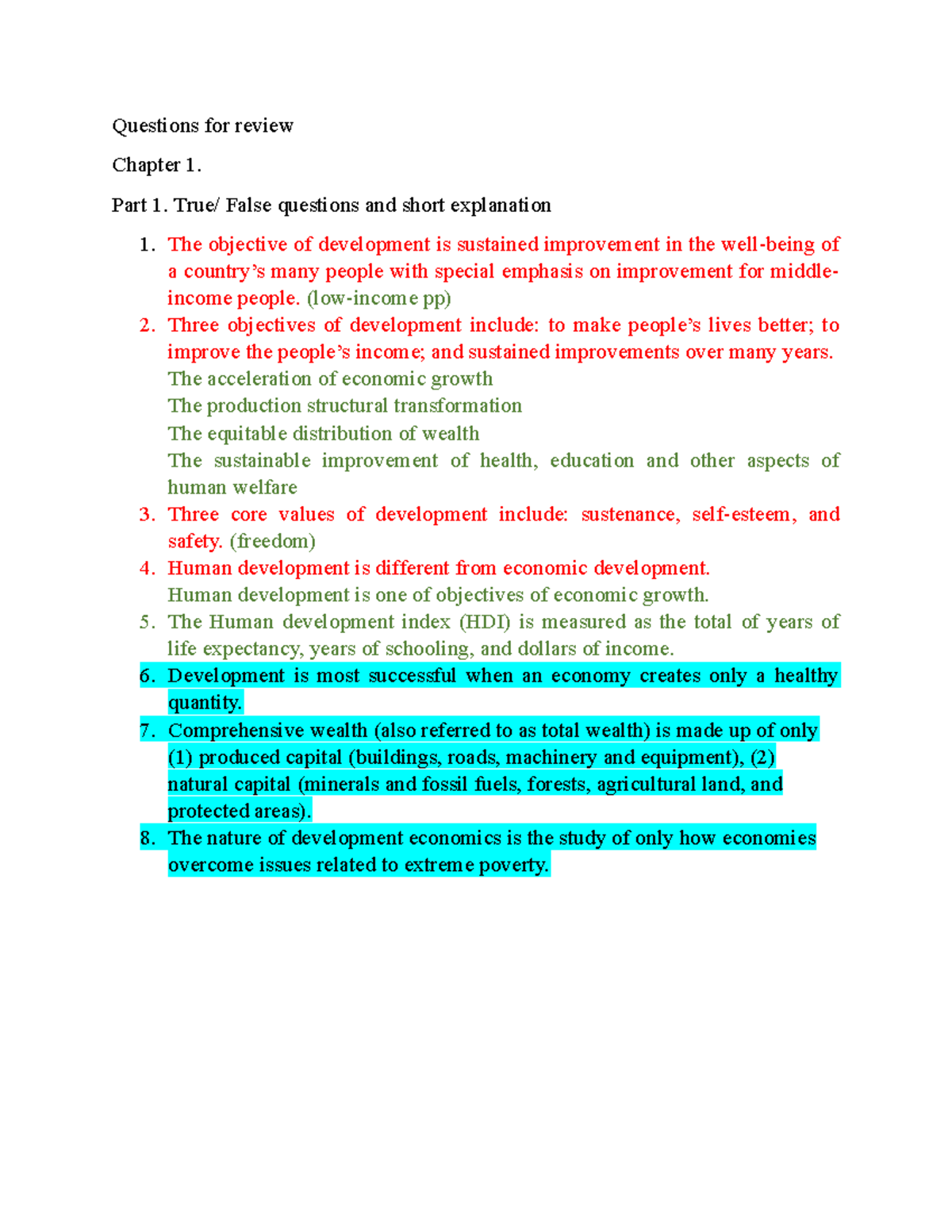 Review Questions for Development Economics (DE 101) - Chapters 1-4 ...