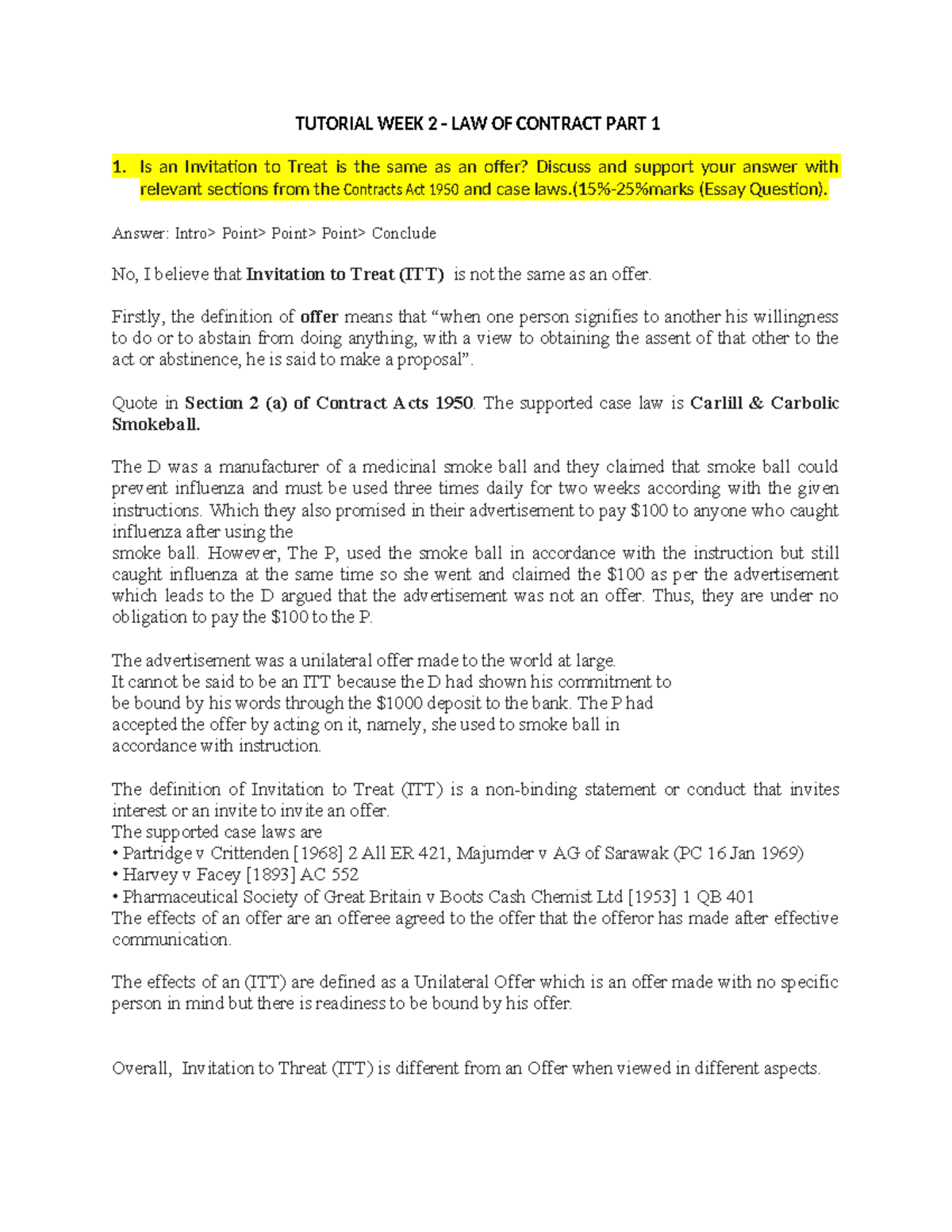 W2 LAW OF CONTRACT TUTORIAL PART 1: OFFERS vs INVITATION TO TREAT - Studocu
