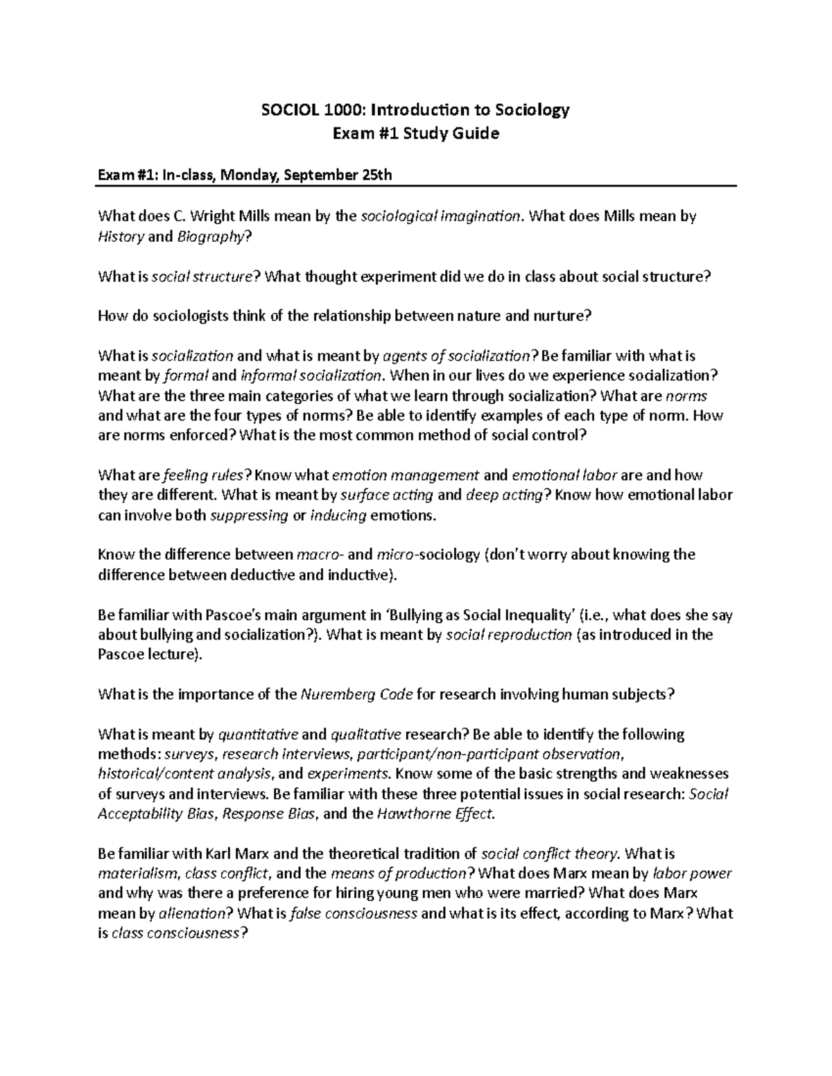 SOCIOL 1000: Exam 1 In-Class Study Guide for Intro to Sociology - Studocu