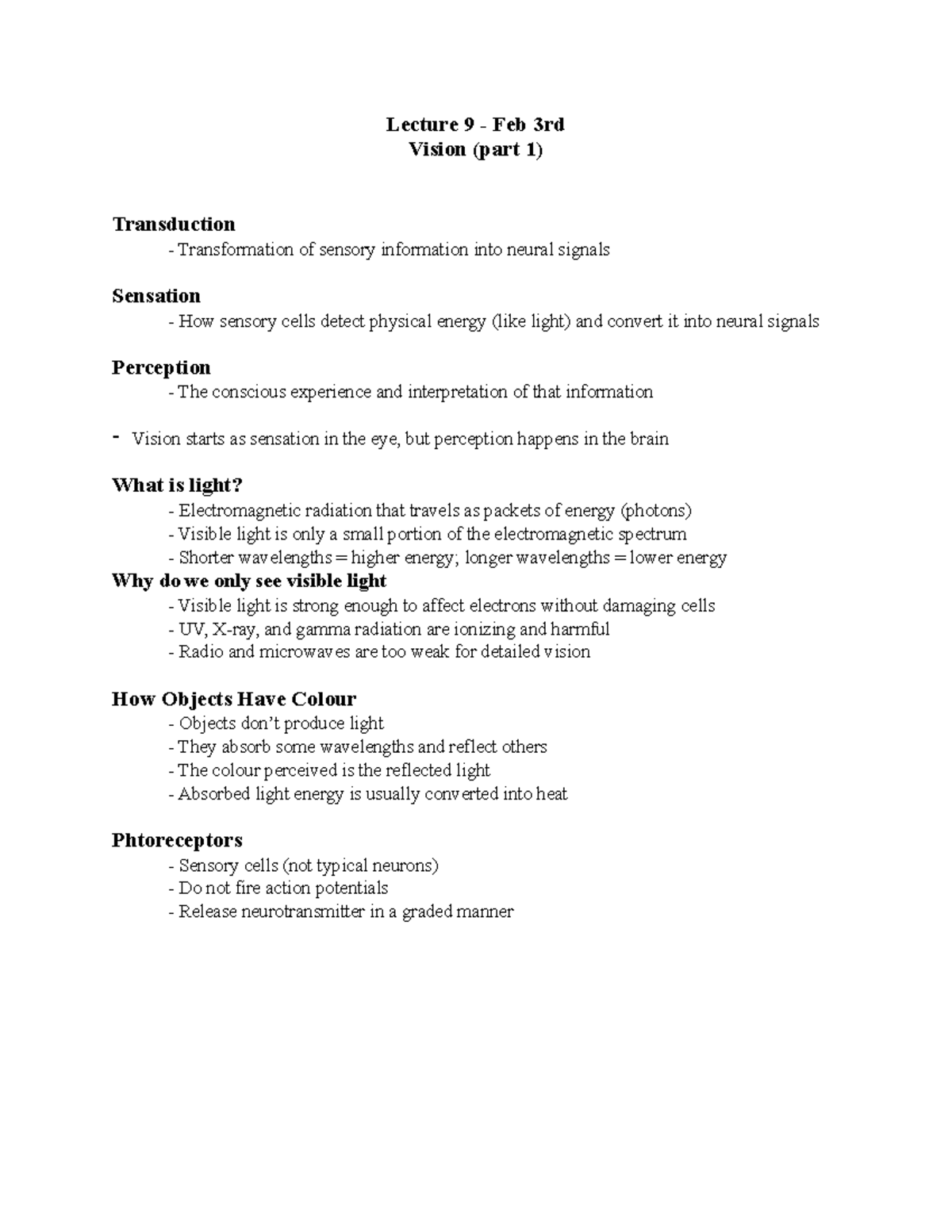 Psych 101 - Lecture 9: Vision and Sensory Processing - Studocu