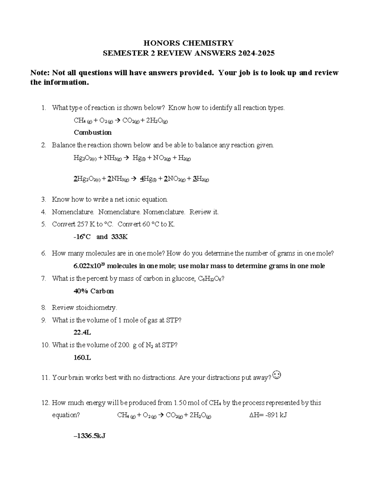 HChem Semester 2 Final Exam Review Answers - Studocu