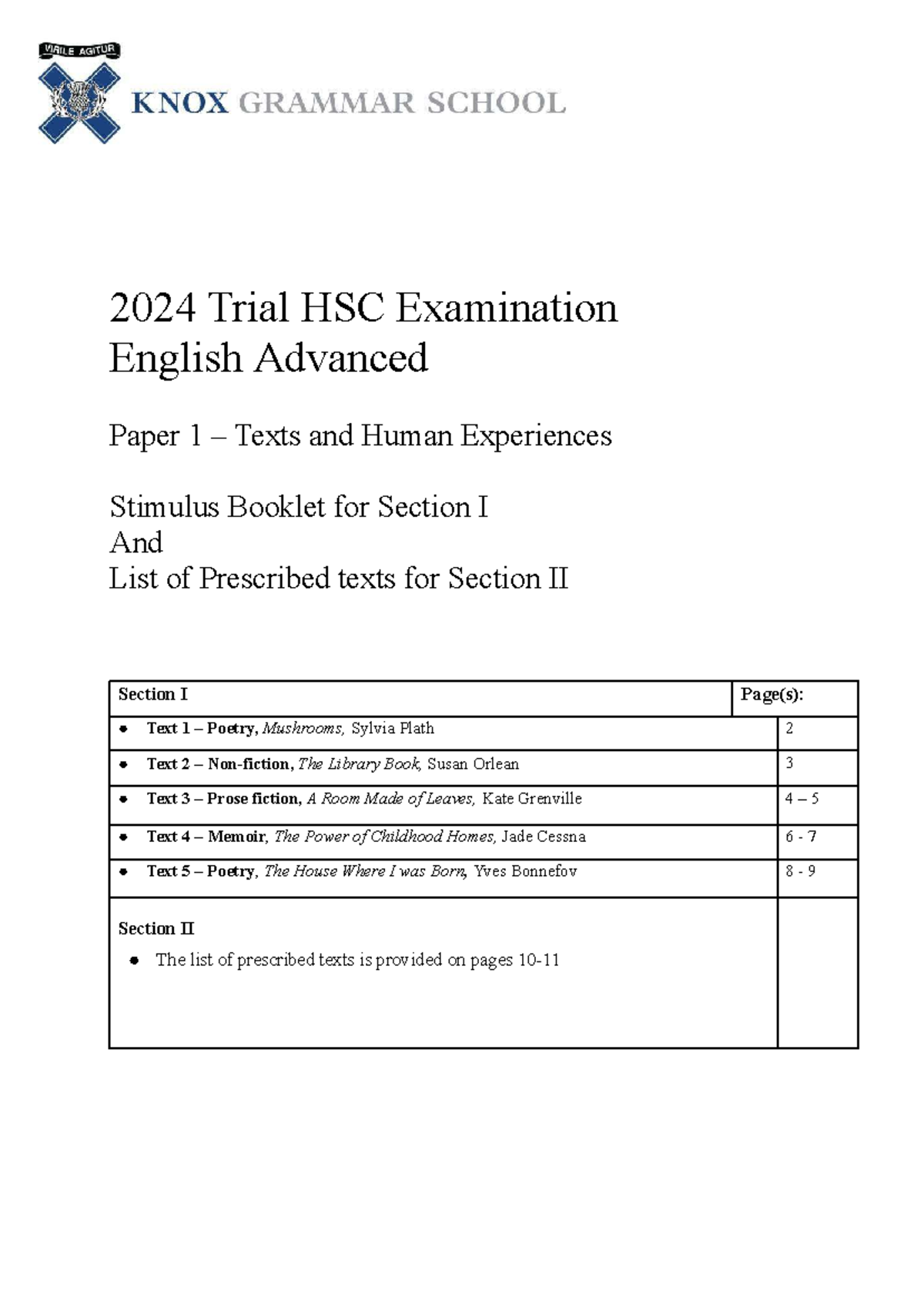 Knox Advanced Paper 1Stimulus Bookletdocx - 2024 Trial HSC Examination ...
