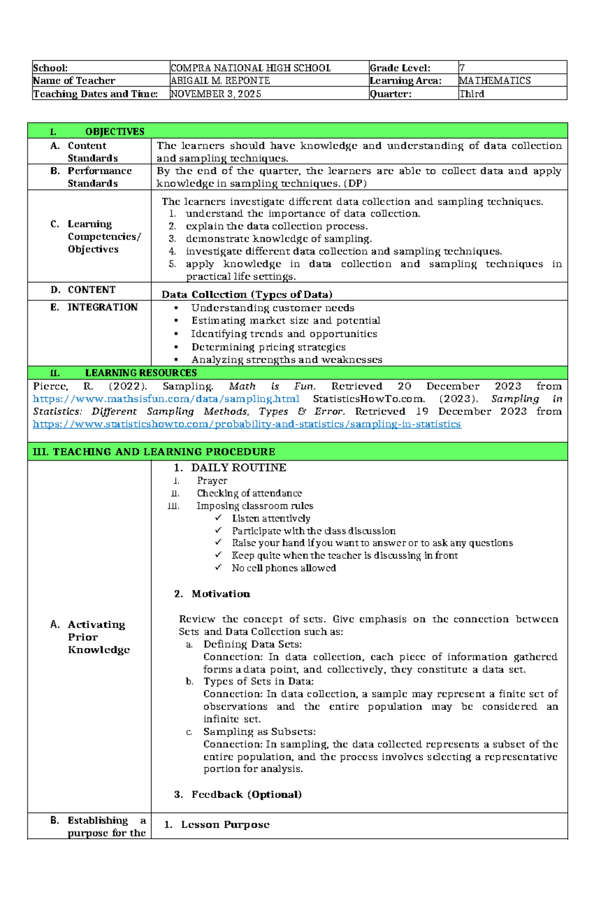 Detailed Lesson Plan for Grade 7 Mathematics (Nov. 3, 2025) - Studocu