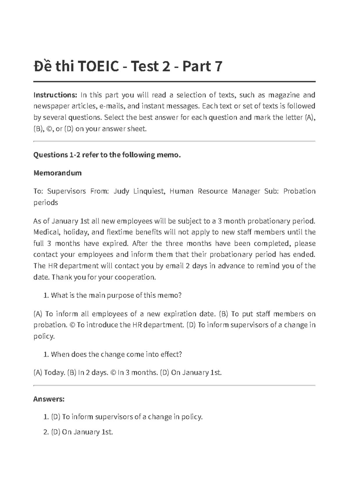 Đề thi TOEIC Test 2: Part 7 Reading Comprehension - Studocu