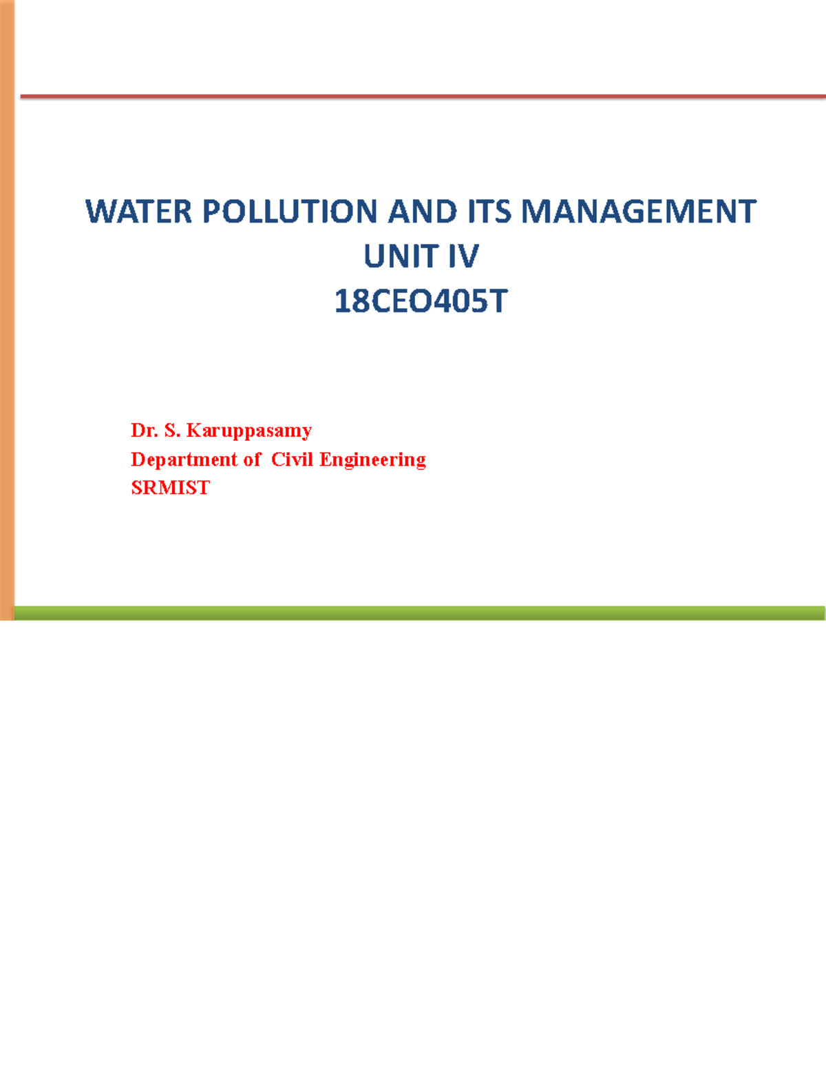 Water Pollution Management: Unit IV Notes 18CEO405T - Studocu