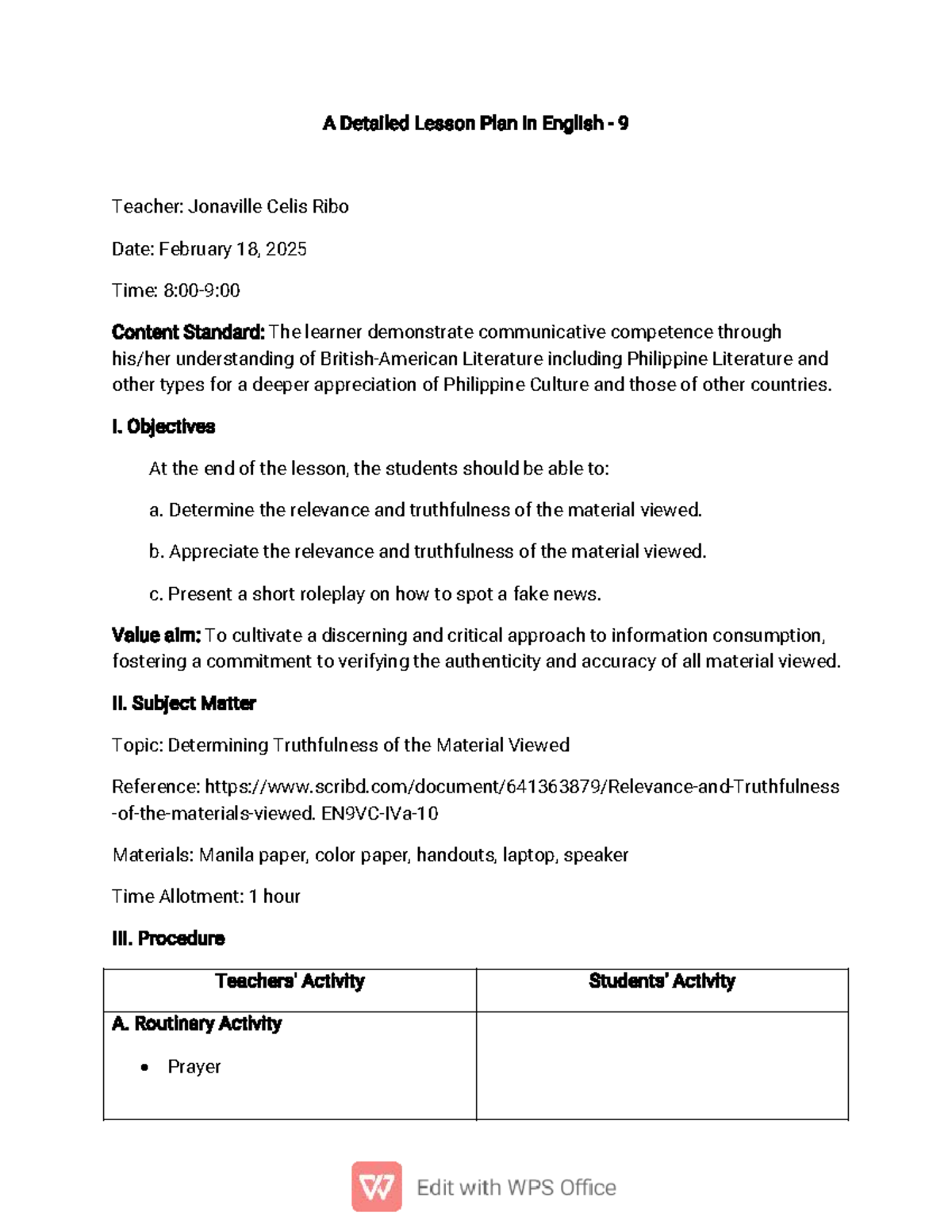 A detailed lesson plan on determining truthfulness in English 9 - Studocu