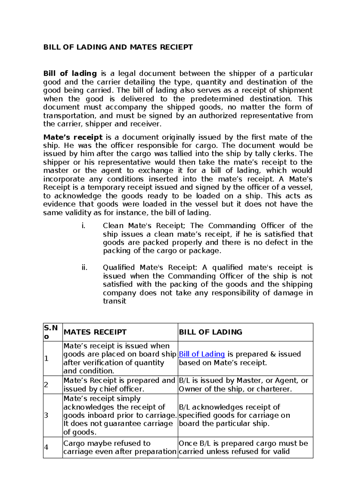 BILL OF LADING & MATES RECEIPT: Key Differences Explained - Studocu