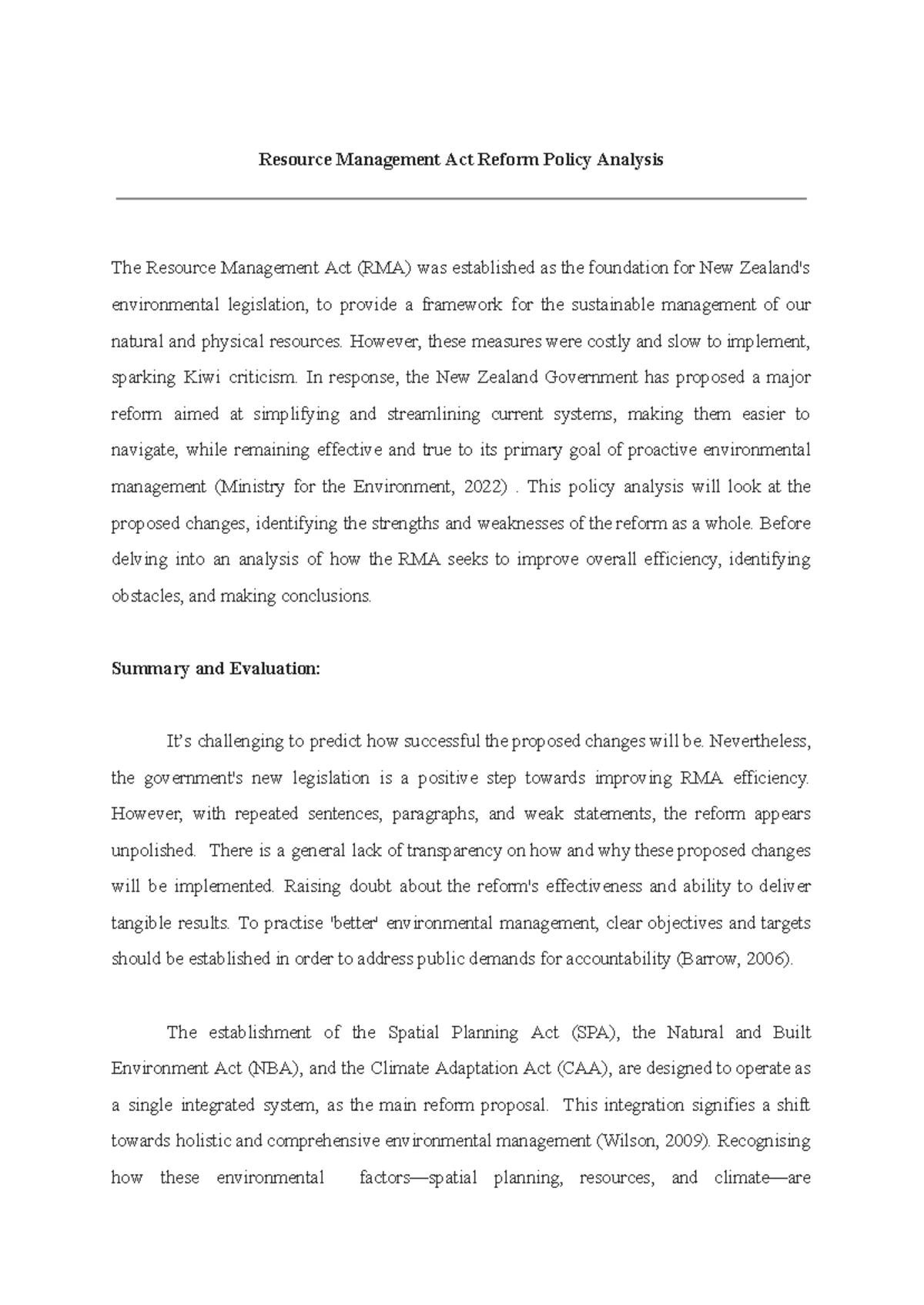 RMA Policy Analysis - Resource Management Act Reform Policy Analysis ...