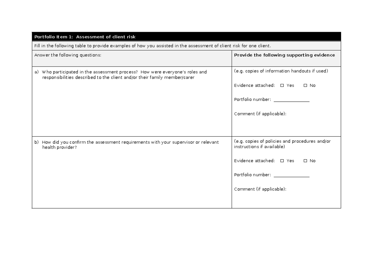 CHCAGE 004: Client Risk Assessment Portfolio Item 1 - Studocu