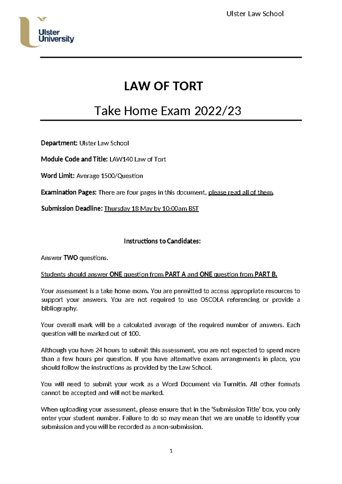 Final LAW140 Law of Tort - Take Home Exam Instructions 2023 - Studocu
