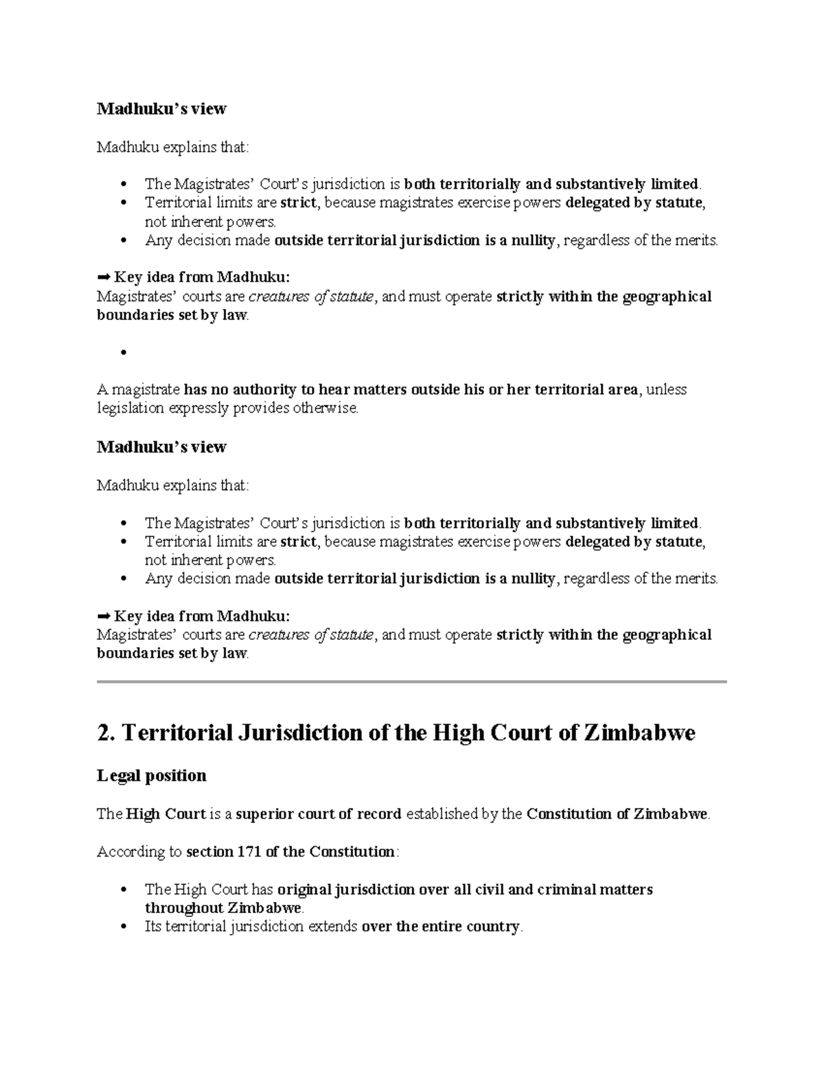Madhuku's Views on Territorial Jurisdiction in Law Courses - Studocu