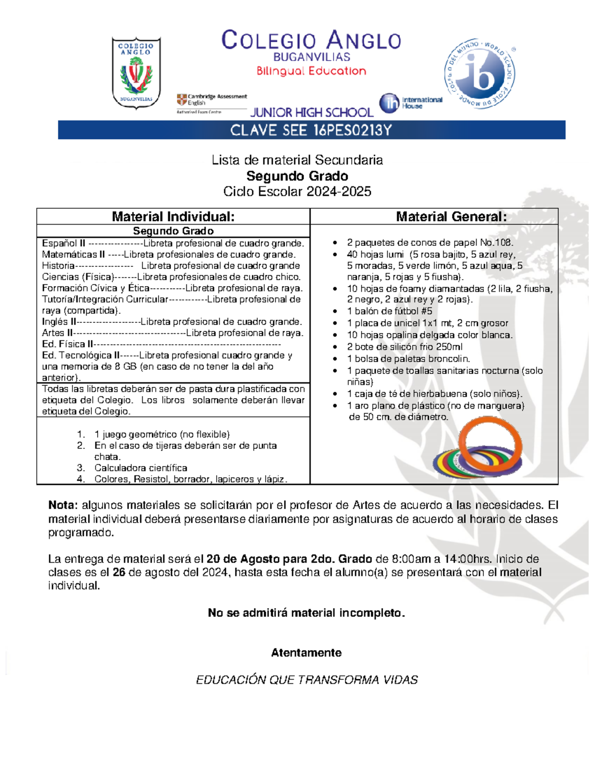 Lista DE Material 2° 2024-2025 - Lista de material Secundaria Segundo ...