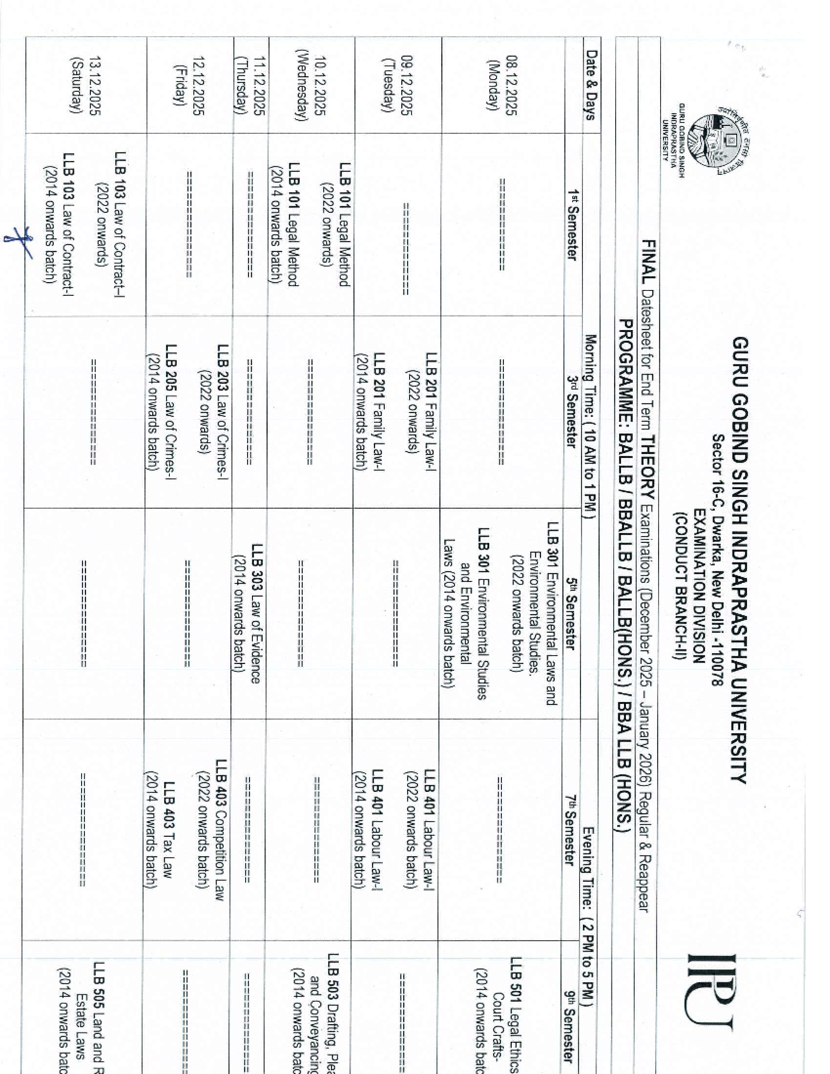 GGSIPU BALLB End Term Exam Datesheet (Dec 2025 - Jan 2026) - Studocu