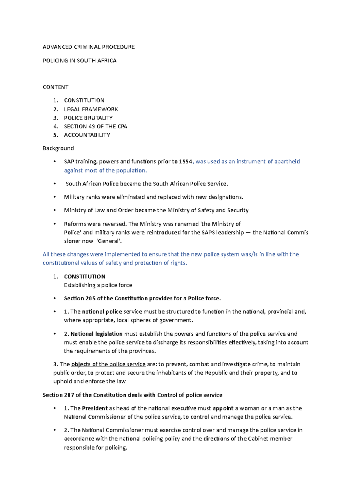 **ADVANCED CRIMINAL PROCEDURE: Policing in South Africa (Course Code ...