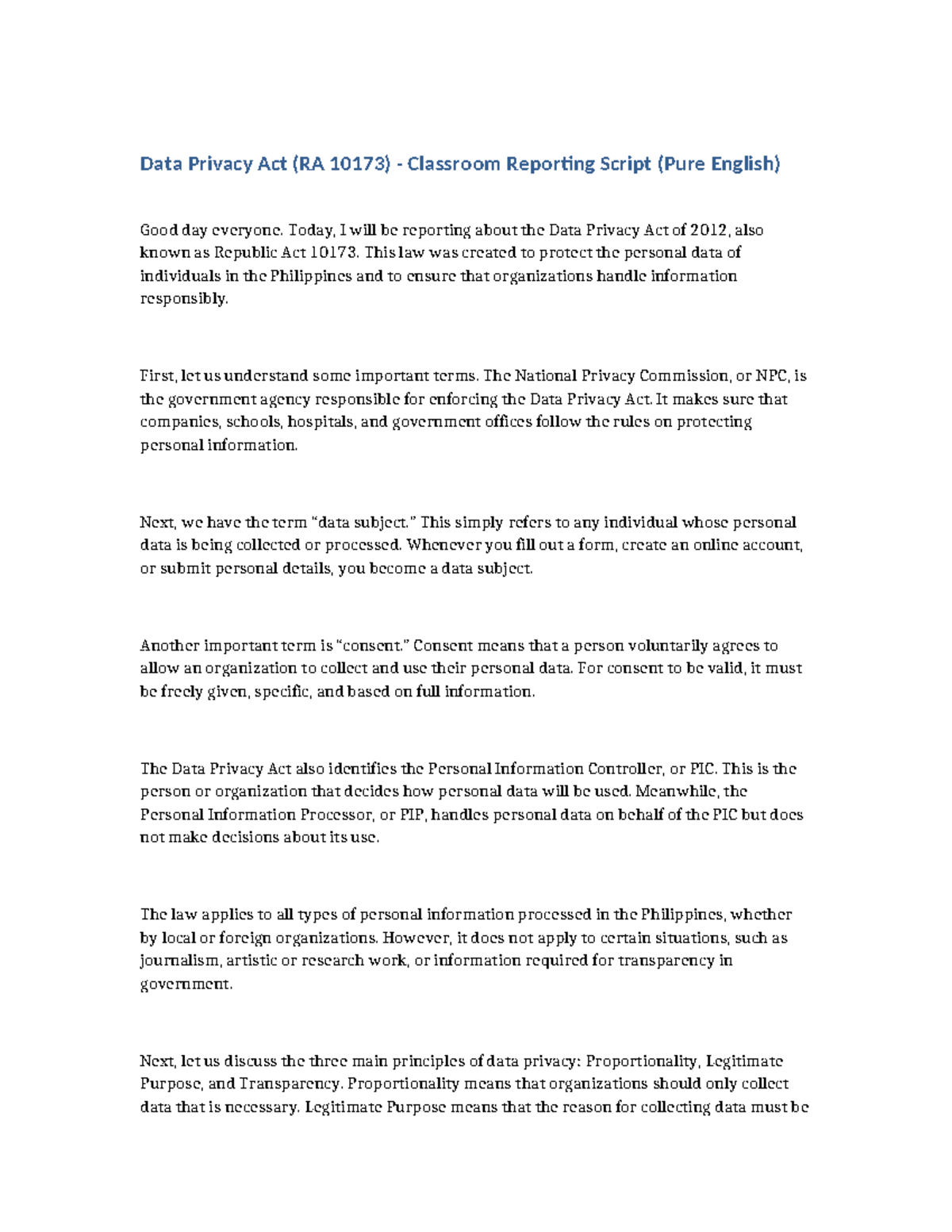 Data Privacy Act Reporting Script - Data Privacy Act (RA 10173 ...