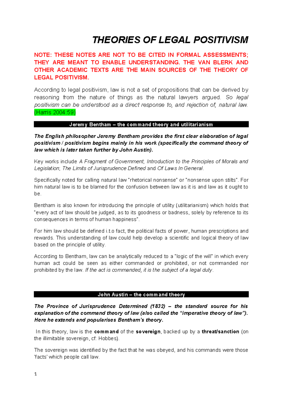 JUR 310 Lecture Notes on Legal Positivism and Key Theorists - Studocu