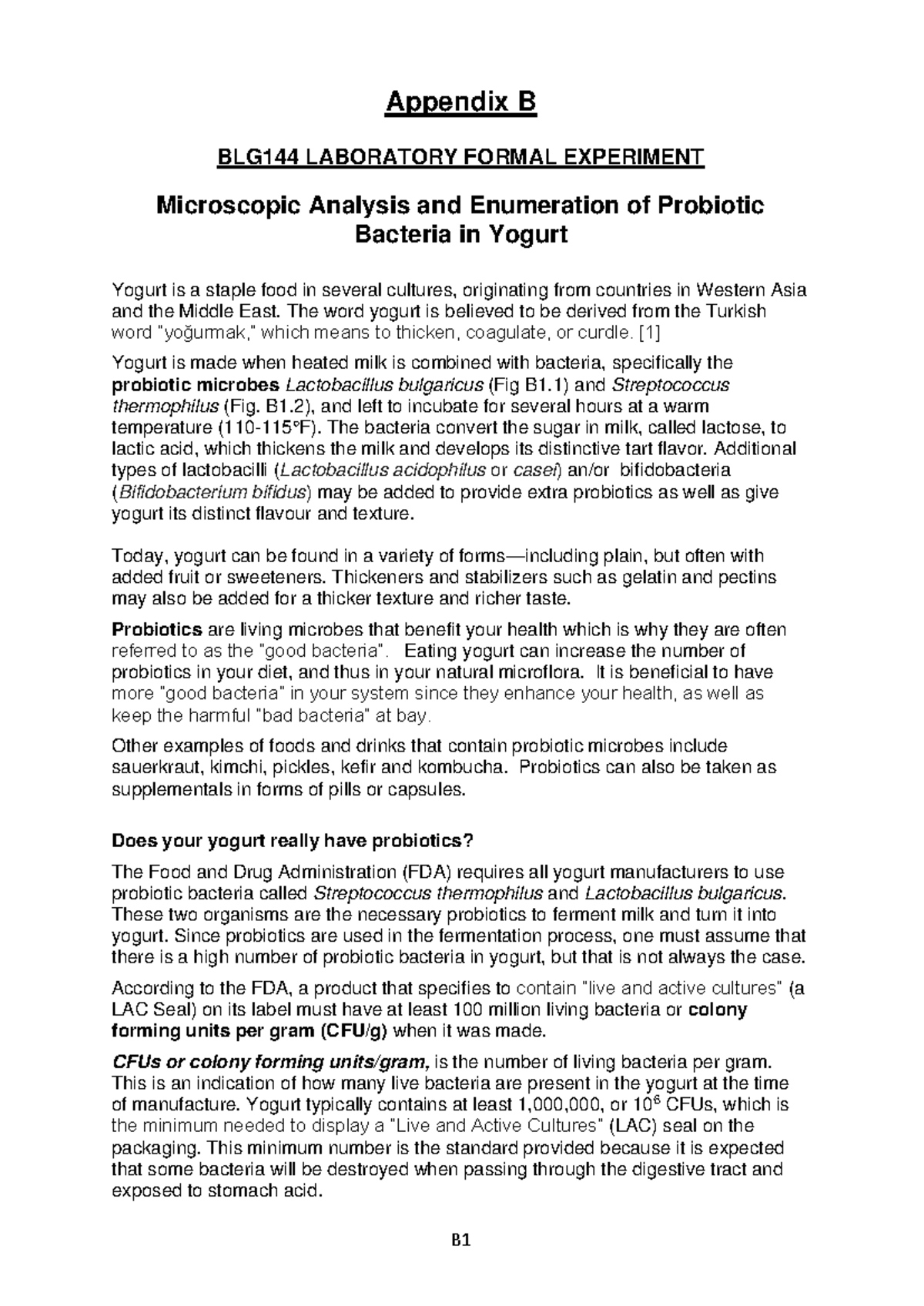 Appendix B W24 Laboratory Formal Experiment (Enumeration of Probiotics ...