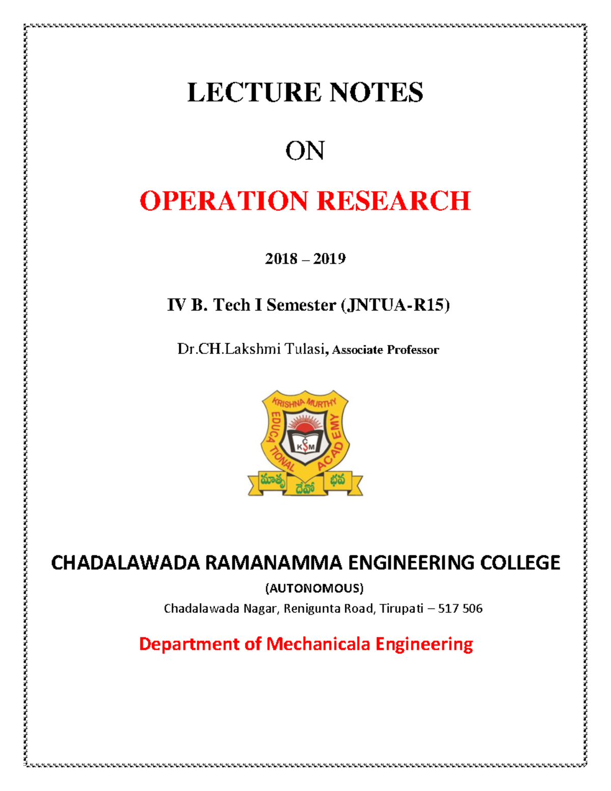 OR Lecture Notes: Dual Linear Programming & Transportation Algorithm ...