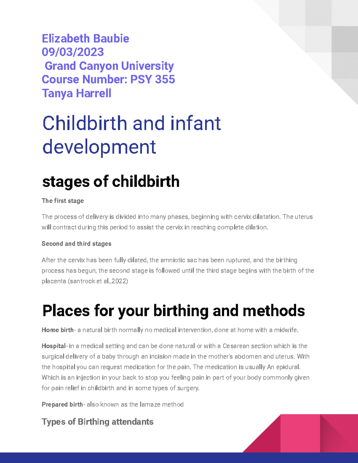 Childbirth and Infant Development Overview - PSY 355 - Studocu