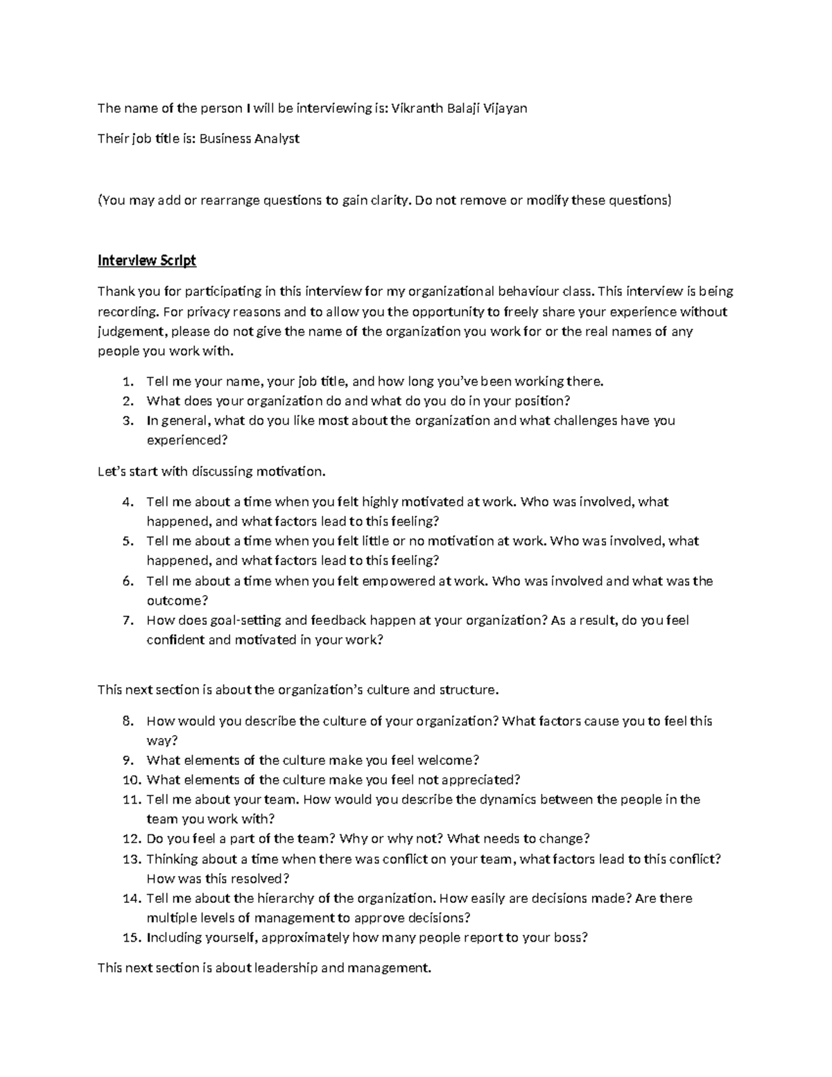 BUS8020 Interviewee and Questions v3 - The name of the person I will be ...