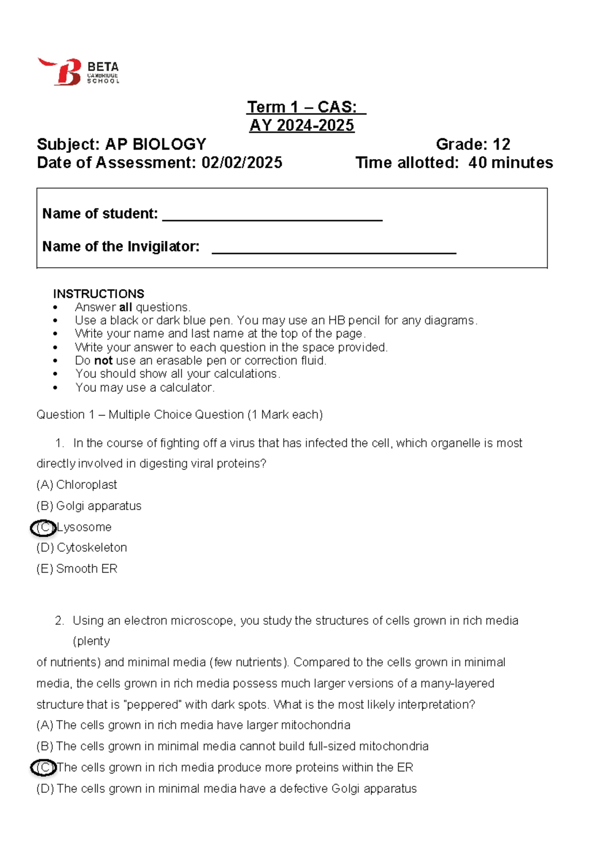 AP CAS 3 Paper answer key - Term 1 – CAS: AY 2024- Subject: AP BIOLOGY ...