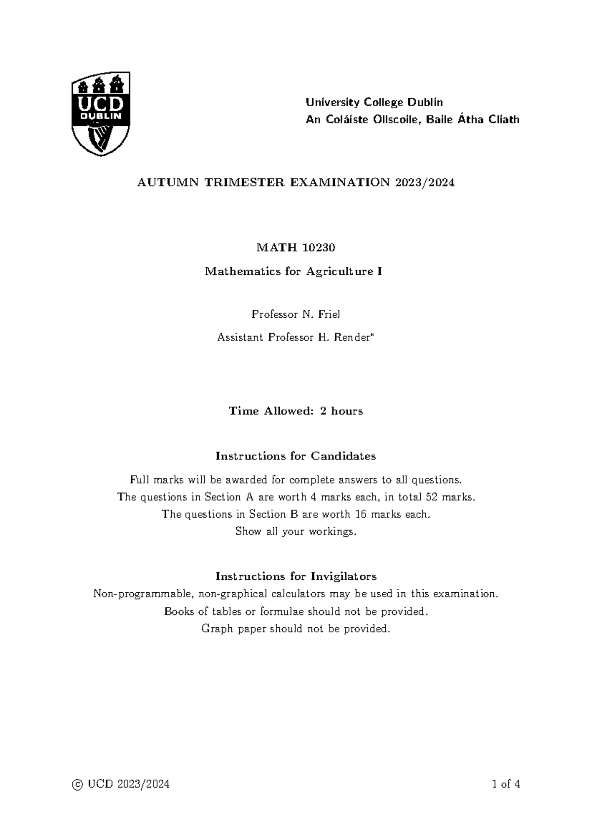 MATH 10230 Autumn Trimester Exam - Mathematics for Agriculture I - Studocu