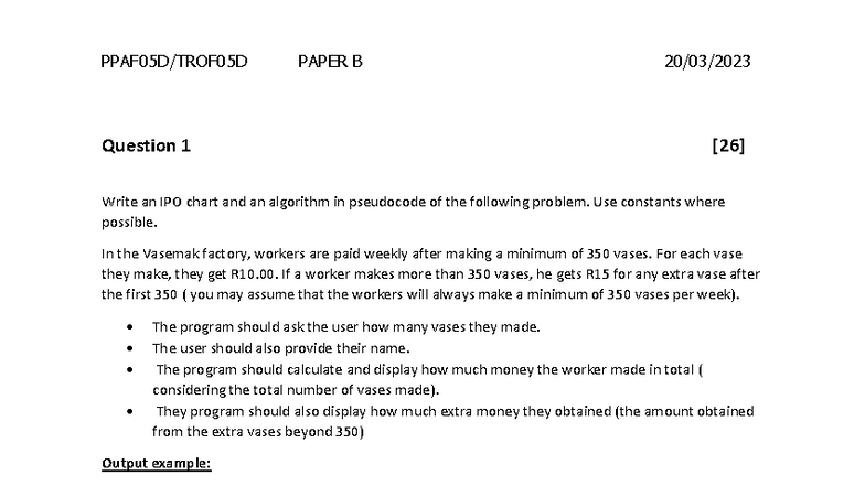 Paper B: IPO Chart & Pseudocode for Vase Payment Calculation - Studocu
