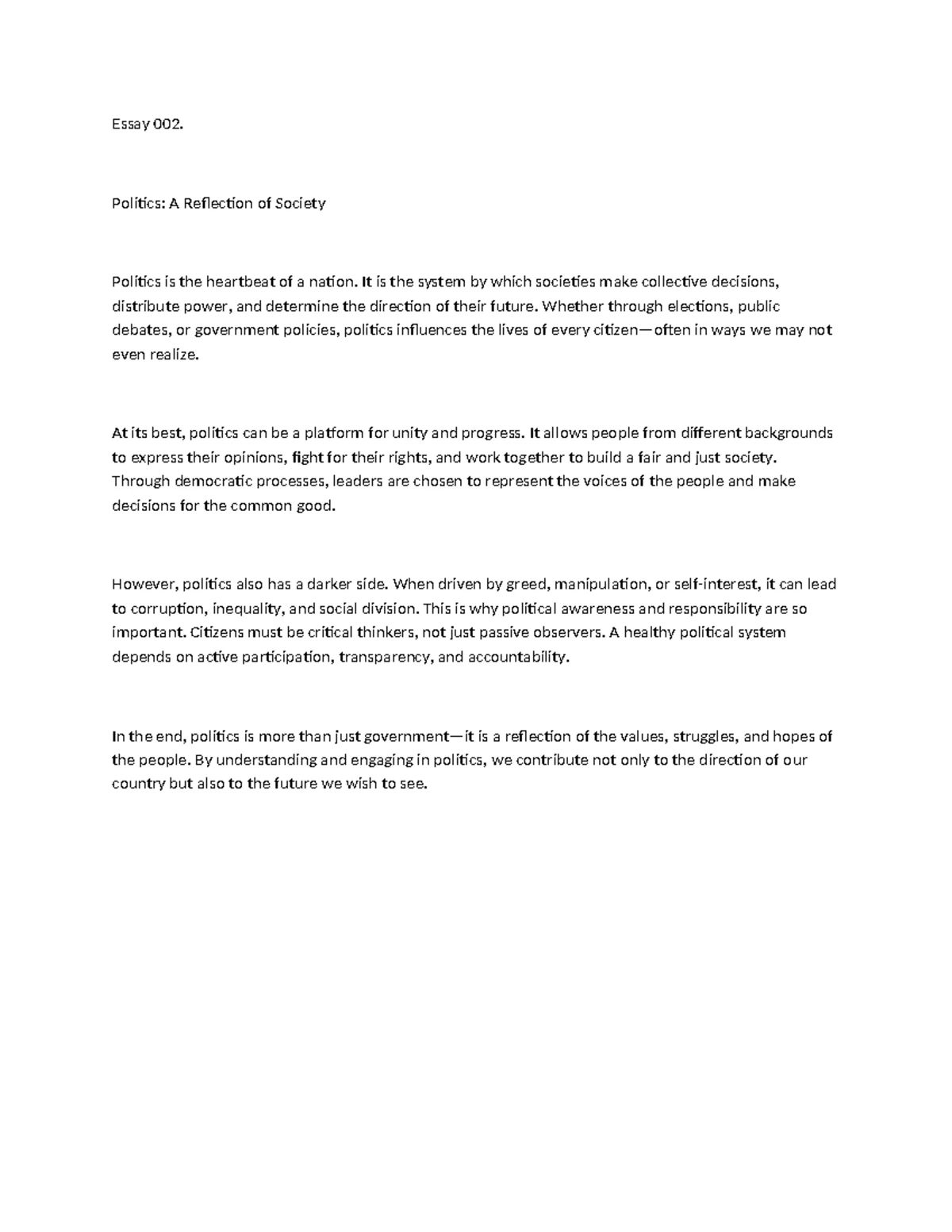 Essay 003: The Vital Role of Youth in Shaping Politics - Studocu