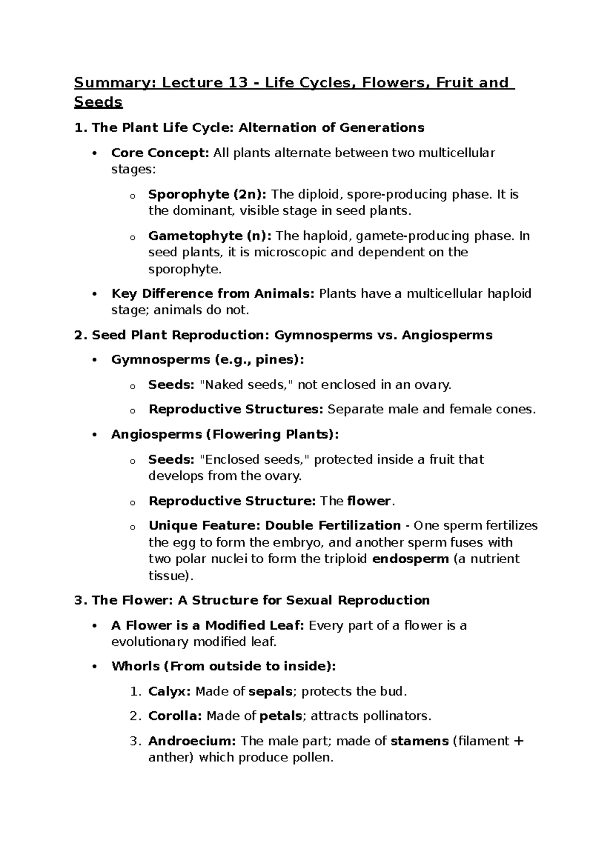 Lecture 13 Summary: Life Cycles, Flowers, and Seed Development - Studocu