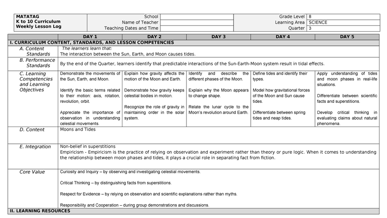 MATATAG K to 10 Curriculum: Grade 8 Science Weekly Lesson Log W7 - Studocu