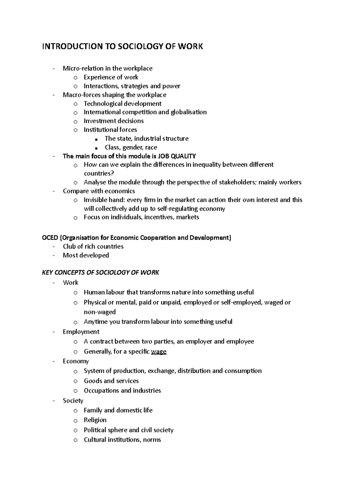 Sociology of Work 4SSMN139 Complete Lecture Notes Overview - Studocu