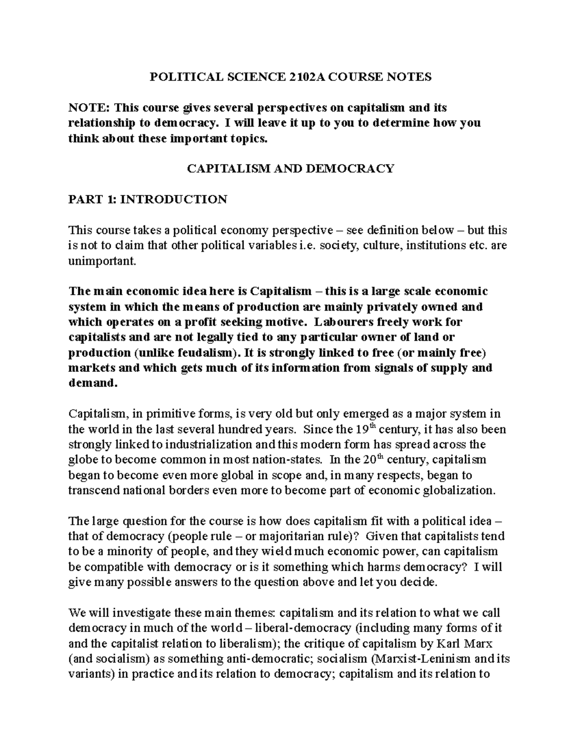 2102 A course notes 2021 - POLITICAL SCIENCE 2102A COURSE NOTES NOTE ...
