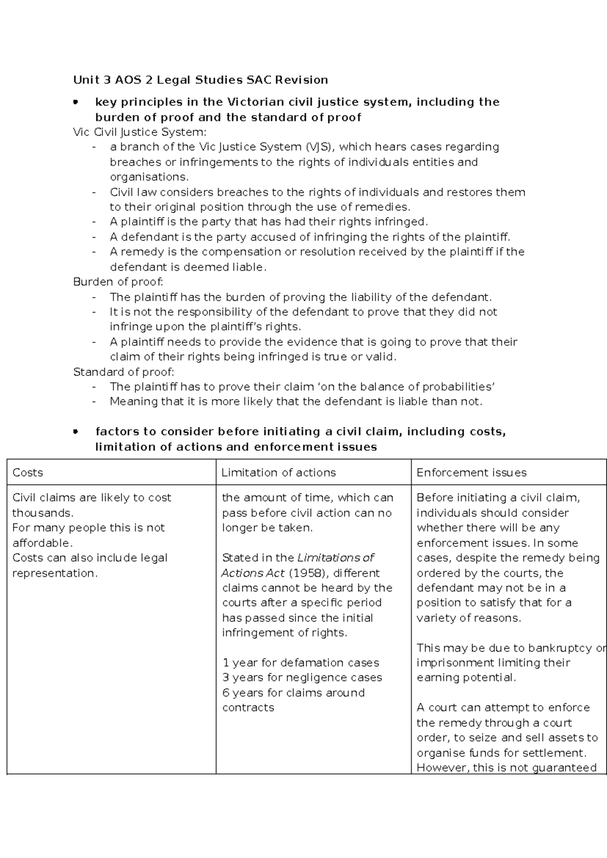 Unit 3 AOS 2 Legal Studies SAC Revision: Key Principles of Vic Civil ...