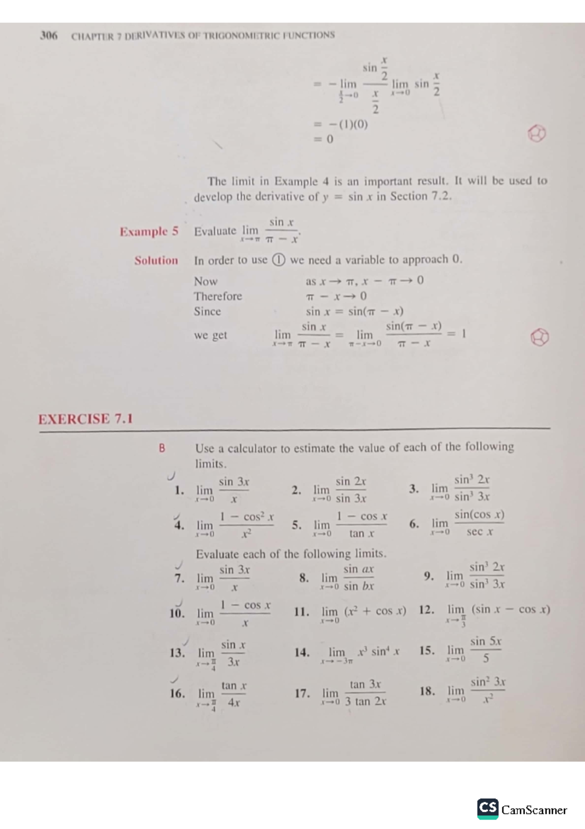 Trig limits problems - .................... - 306 CHAPTER 7 DERIVATIVES ...