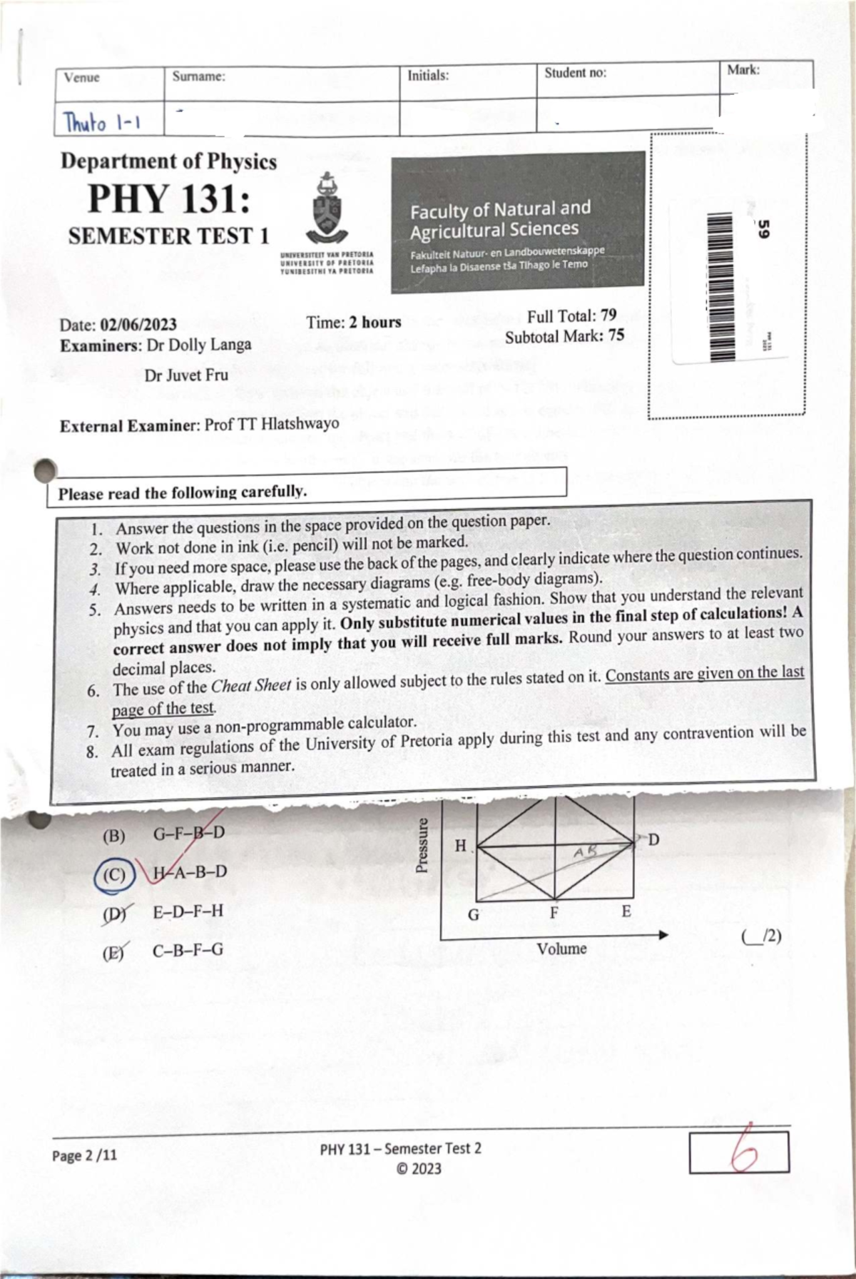 PHY 131 Semester Test 2 - 2023 Exam Questions and Solutions - Studocu