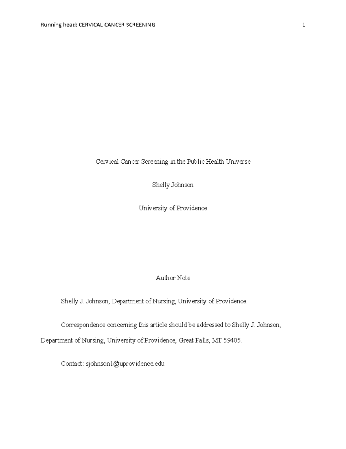 Cervical Cancer Screening - Johnson, Department of Nursing, University ...