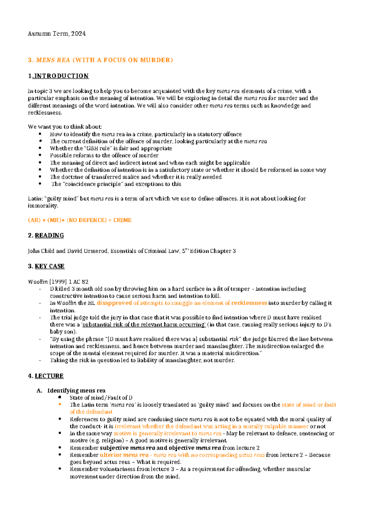 3. Mens Rea: Key Concepts and Murder Analysis - Studocu