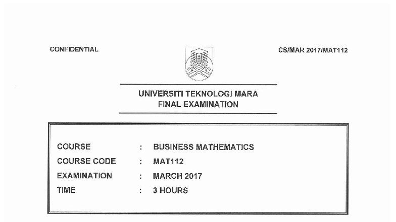 MAT112 Final Exam March 2017 - Business Mathematics Questions - Studocu