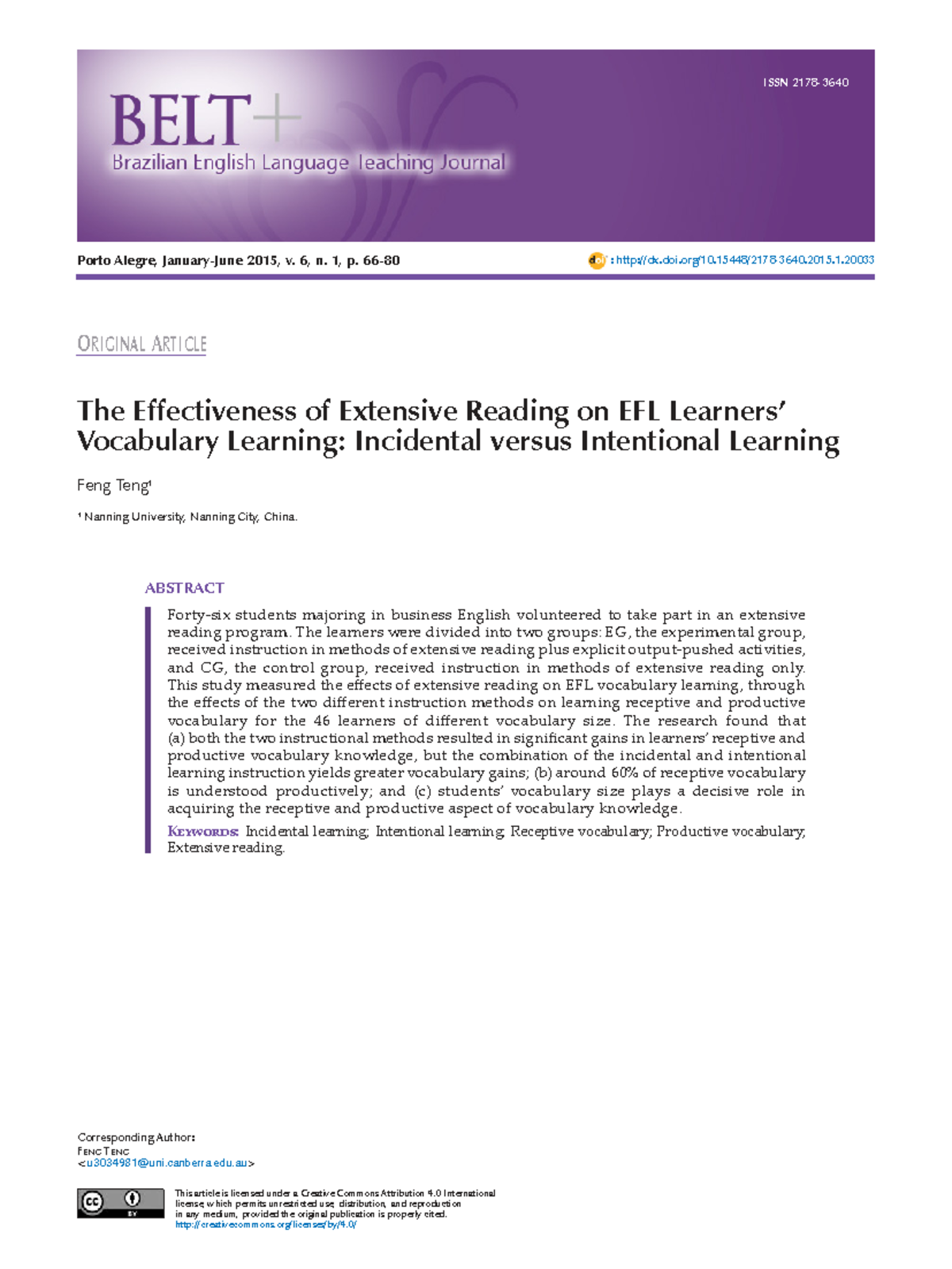 BELT Porto Alegre, 6 (1): Effectiveness of Extensive Reading on EFL ...