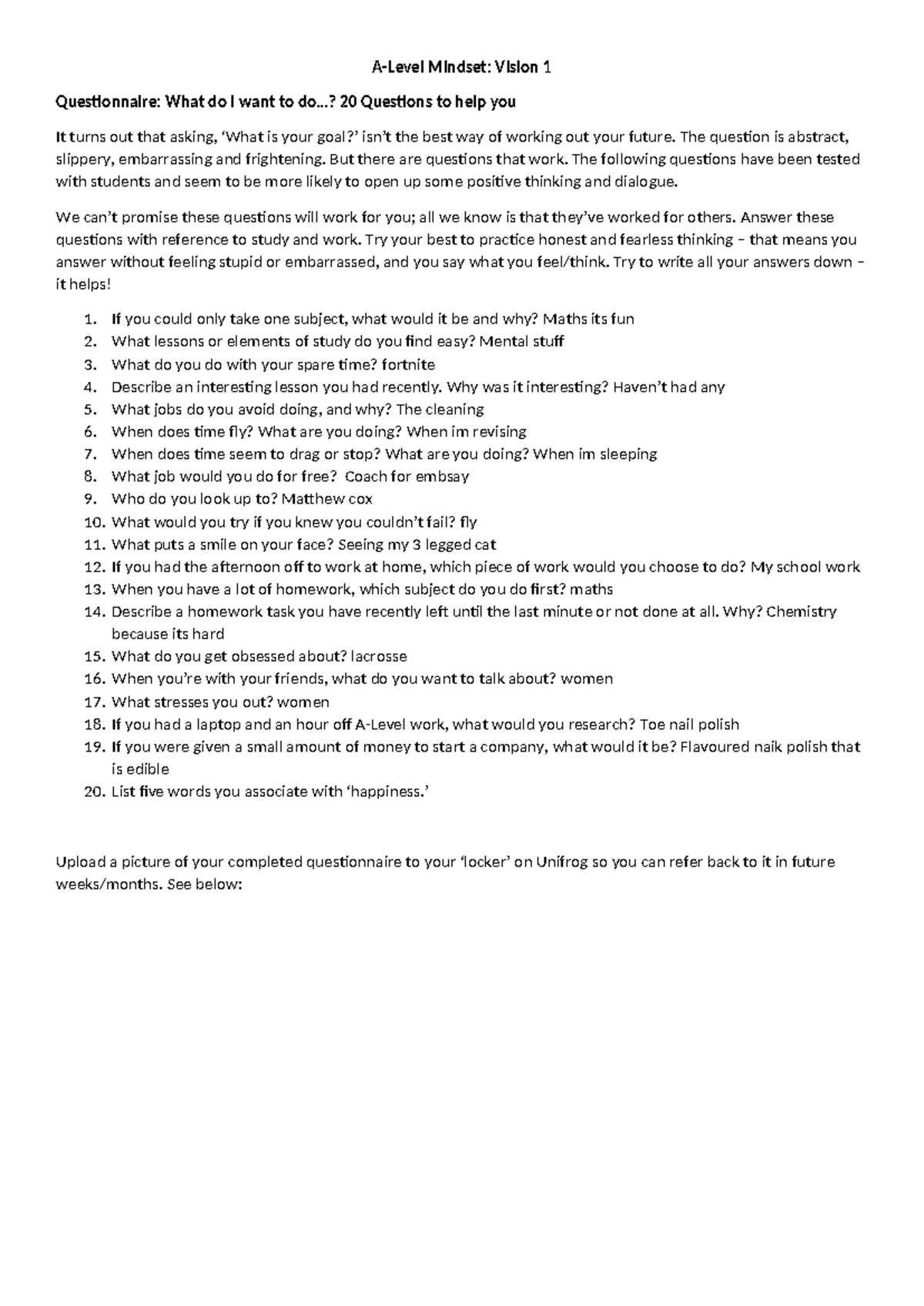 Mindset: Vision 1 Questionnaire - 20 Questions for Future Planning ...