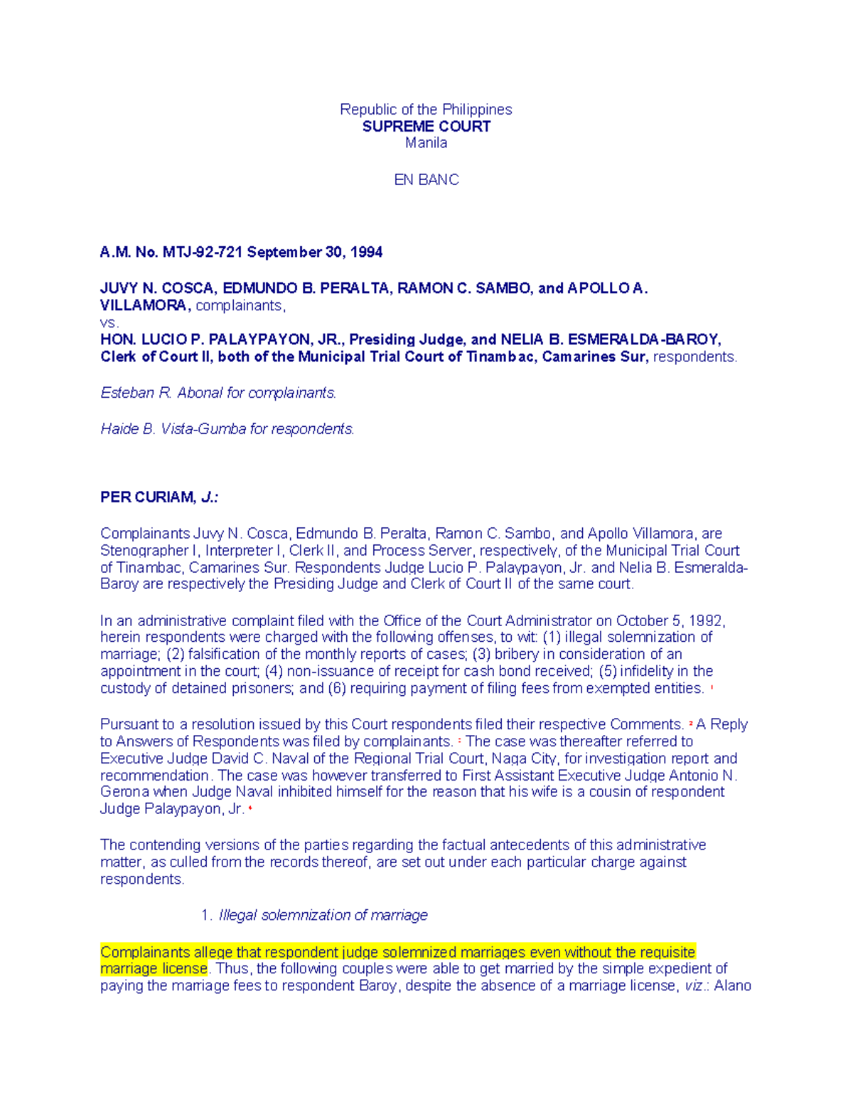 Administrative Case Digest: Cosca vs. Palaypayon (A.M. No. 1994) - Studocu