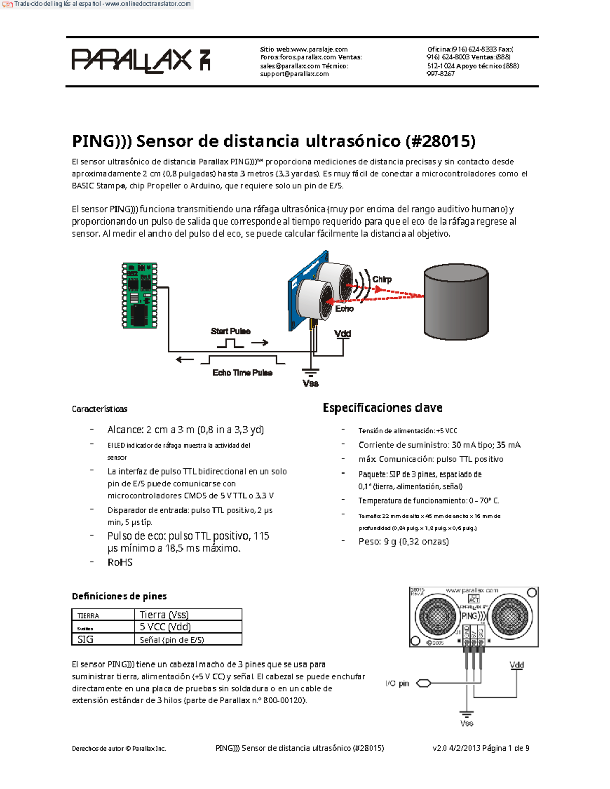 Guía del Producto del Sensor PING 28015 v2.0: Medición de Distancia ...