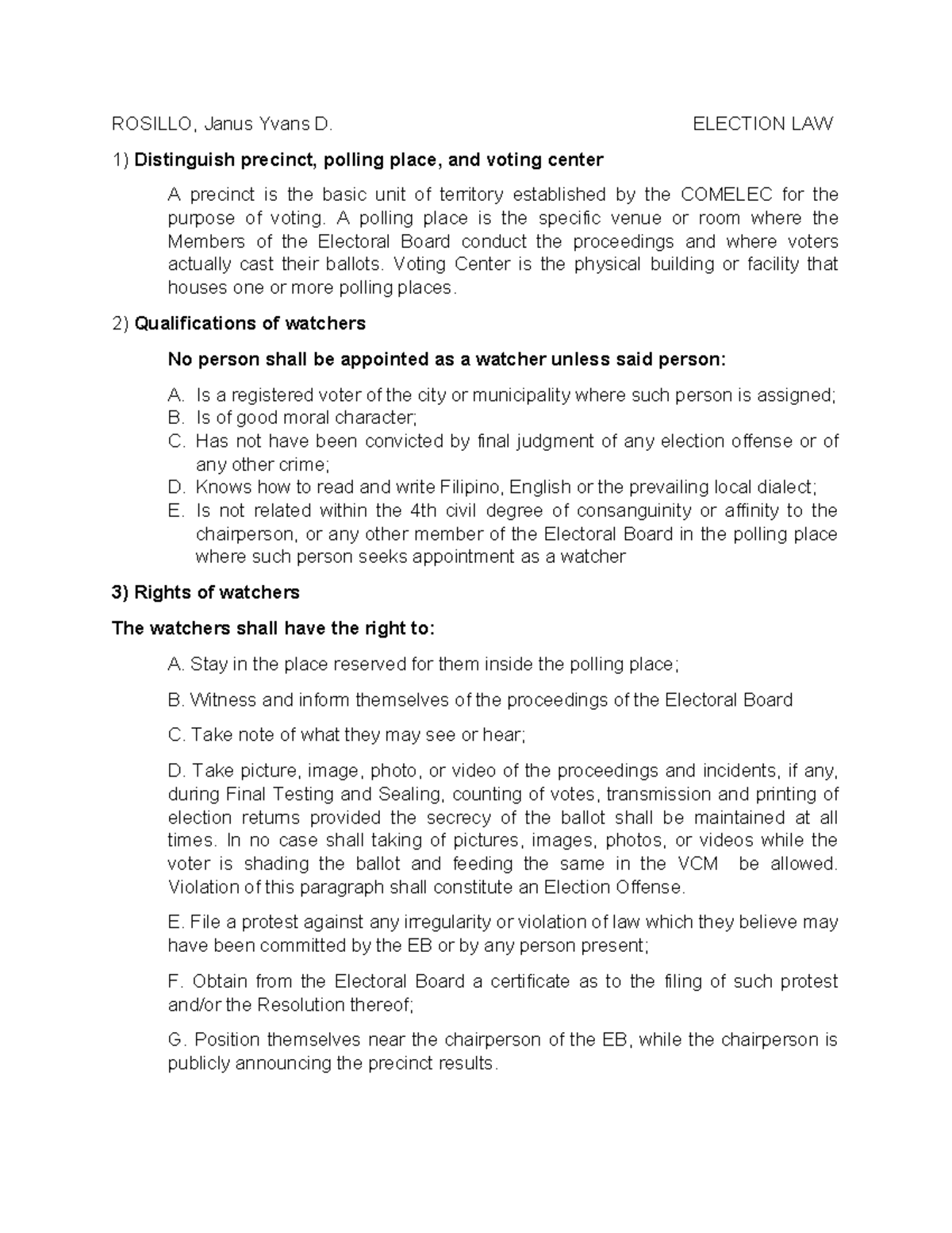 ELECTION LAW (EL 101): Key Concepts and Watcher Rights - Studocu