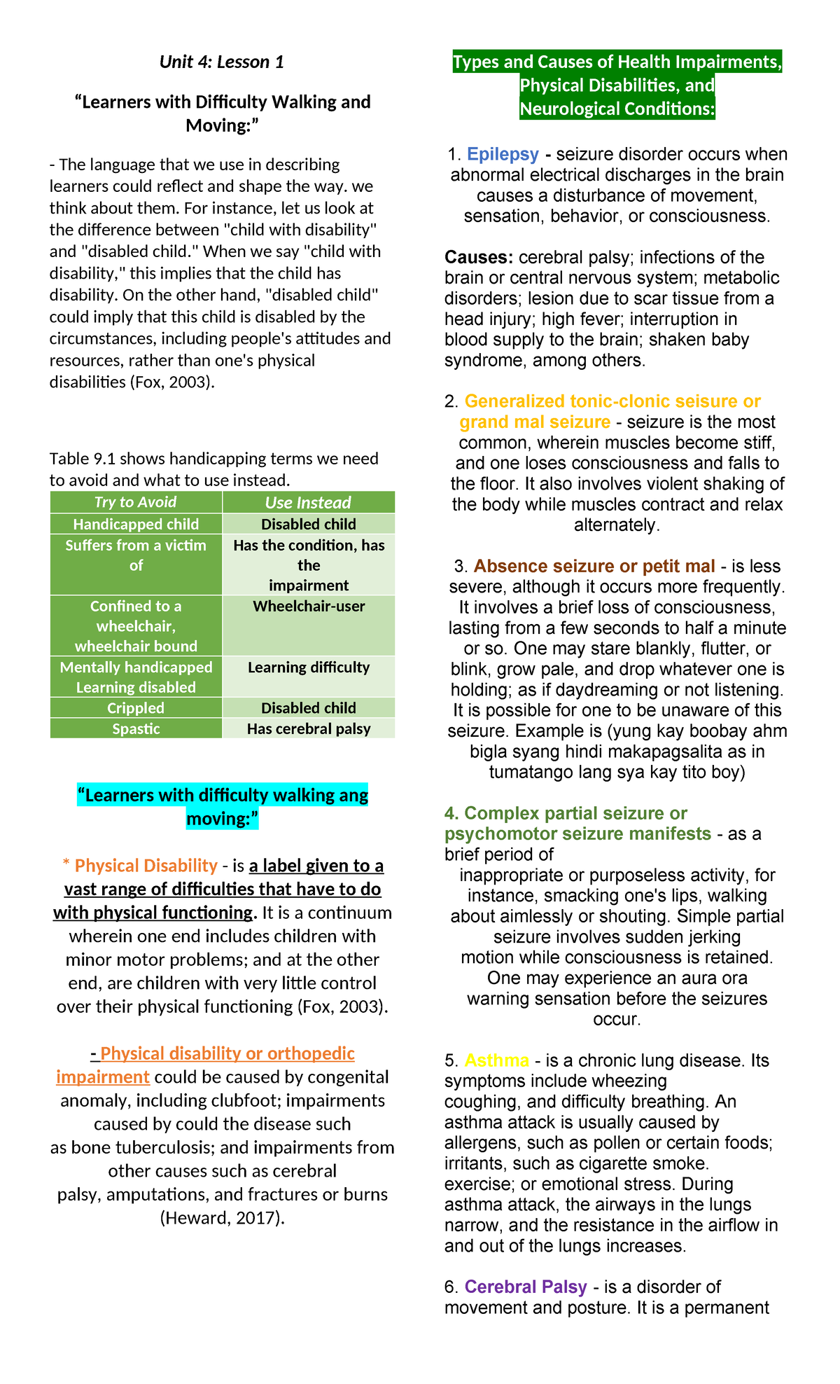 Unit 4: Lesson 1 - Understanding Learners with Difficulty Walking - Studocu