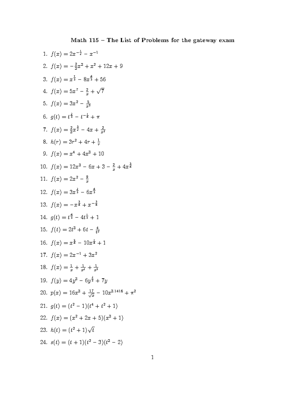 Math 115 Gateway Exam 1 - Problem List - Studocu