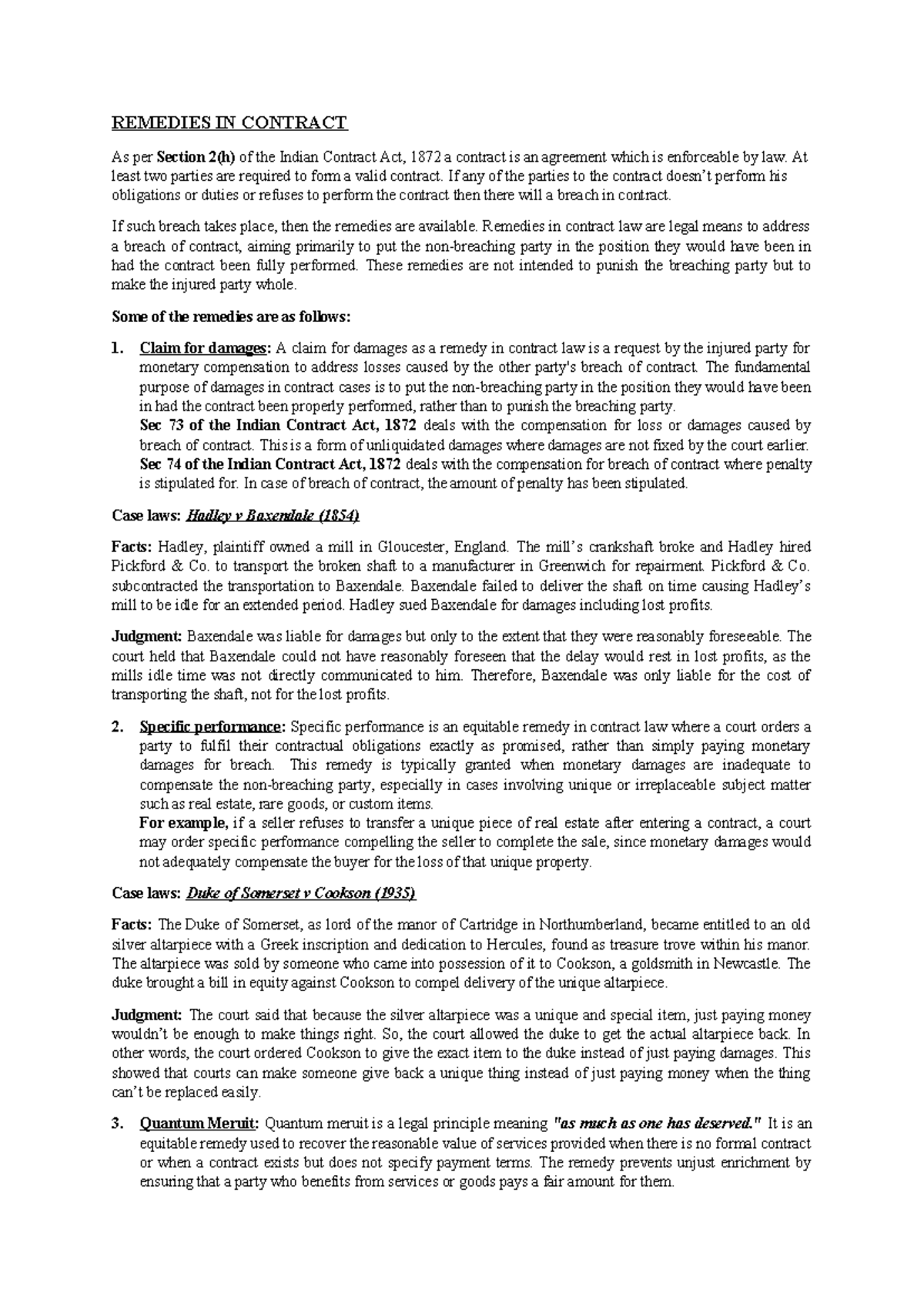 REMEDIES IN CONTRACT LAW: An Overview of Legal Solutions - Studocu