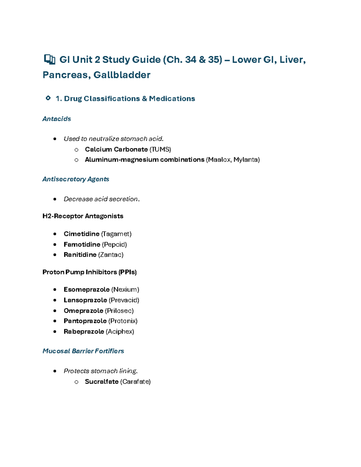 GI 2 Study Guide: Lower GI, Liver, Pancreas, Gallbladder Meds & Care ...