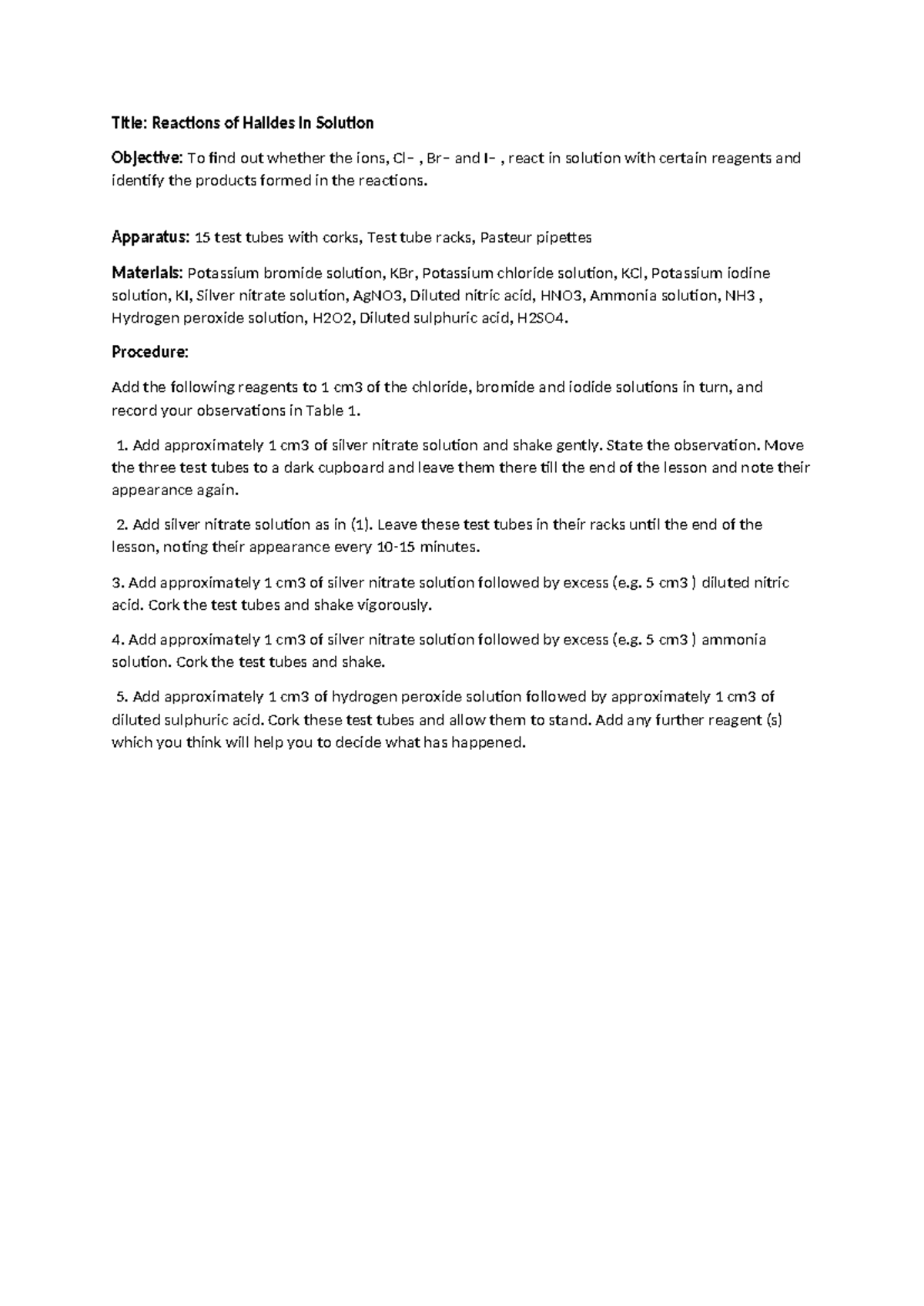 Reactions of Halides in Solution - Lab Report Exp8 - Studocu